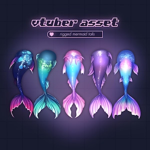 May include: Five animated mermaid tails with different colour gradients and patterns. The tails are rigged for use in digital art and animation. The text "vtuber asset" and "rigged mermaid tails" is displayed above the tails.