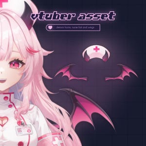 May include: Digital illustration of a pink-haired anime character with demon horns, a nurse hat, and bat wings. The text "vtuber asset" is displayed in a stylized font, with a heart icon and the text "demon horns, nurse hat and wings".