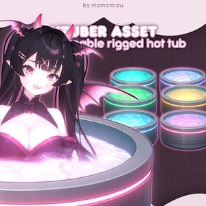 May include: Digital art of a hot tub with a character inside. The hot tub has a pink neon glow and is filled with pink water. Six smaller hot tubs with different colored water are to the right. Text reads "VTUBER ASSET" and "rigged hot tub".