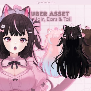 Könnte beinhalten: Digitales Kunstwerk mit einer Cartoonfigur mit schwarzen Haaren, rosa Highlights und Katzenohren. Das Bild enthält den Text "UBER ASSET Hair, Ears & Tail" und zeigt verschiedene Haar- und Ohrstile in Rosa, Schwarz und Braun.