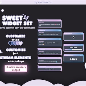 May include: A digital overlay set for streaming, featuring a pastel purple and blue color scheme. The design includes chat boxes, a counter, goal tracker, and countdown timer. Text on the image includes "Sweet Widget Set" and customization options for colors and font.