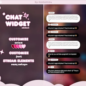 May include: A digital interface design for a chat widget, featuring customizable colors and fonts. The design includes example chat messages and the text "CHAT WIDGET minimal" in a pink and white color scheme. The design also includes the text "CUSTOMIZE colors", "CUSTOMIZE font", and "STREAM ELEMENTS easy setup".