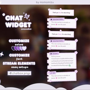 Könnte beinhalten: Eine digitale Grafik mit einem Chat-Widget-Design mit dem Text "CHAT WIDGET" und "FARBEN ANPASSEN" in Lila und Weiß. Das Bild enthält Beispiel-Chat-Boxen mit Text und die Wörter "STREAM-ELEMENTE" und "einfache Einrichtung".