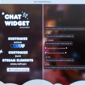 Può includere: Design del widget di chat digitale con testo "CHAT WIDGET" e "PERSONALIZZA colori" con icone a forma di cuore blu. Il design include "STREAM ELEMENTS easy setup" e messaggi di chat di esempio. Il design è di momomizu.