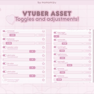 May include: A digital interface for a VTuber asset featuring two columns of sliders and toggles labeled with parameters like torsosize, bobasize, sweater color, skirt color, tie color, shirt color, bag toggle, neckwidth, necklength, and legthickness.