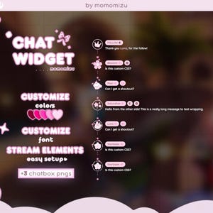 Puede incluir: Gráfico rosa y blanco para un widget de chat, con opciones para personalizar colores y fuente. Incluye elementos de transmisión y PNG de chatbox. El texto incluye "CHAT WIDGET", "CUSTOMIZE colors" y "STREAM ELEMENTS".