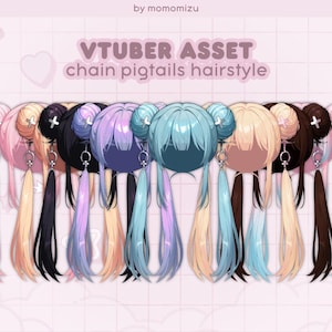 May include: A collection of stylized VTuber asset hairstyles featuring chain pigtails. The hairstyles are in various colors, including pink, black, purple, and blue. Each hairstyle has a chain and a long, flowing ponytail. The background is a pink grid.