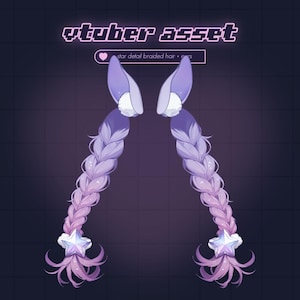 Könnte beinhalten: Ein digitales Asset für einen VTuber, mit einem Paar geflochtener Zöpfe in Lila und Rosa mit passenden Ohren. Jeder Zopf ist mit einem sternförmigen Anhänger am Ende verziert. Der Text "vtuber asset" steht oben.