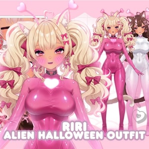 May include: A pink alien Halloween outfit with heart details. The image shows a character with blonde pigtails, cat ears, and a pink bodysuit. The text "RIRI ALIEN HALLOWEEN OUTFIT" is displayed at the bottom of the image.