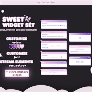 May include: A digital graphic set with a dark background and light purple and white text. The text reads "SWEET WIDGET SET" and includes options for chat, counter, goal, and countdown. Additional text includes "CUSTOMIZE colors", "CUSTOMIZE font", and "STREAM ELEMENTS easy setup".