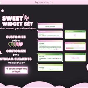 Könnte beinhalten: Digitales Grafikdesign in Rosa und Grün mit dem Text "SWEET WIDGET SET". Anpassung von Farben und Schriftarten. Enthält Chat-, Zähler-, Ziel- und Countdown-Widgets. Zusätzlicher Text: "STREAM ELEMENTS easy setup" und "+1 extra mystery widget".