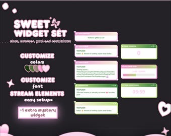 May include: A digital graphic with a pink and green theme. The text reads "SWEET WIDGET SET" with options to customize colors and fonts. Includes chat, counter, goal, and countdown widgets. Additional text includes "STREAM ELEMENTS easy setup" and "+1 extra mystery widget."