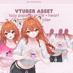 May include: Digital illustration of a character with orange hair, glasses, and fox ears. The character is wearing a white t-shirt and black shorts, forming a heart shape with their hands. Text reads "VTUBER ASSET" and "lazy pajama kit + heart controller".