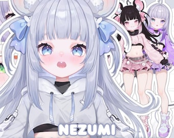 May include: A digital illustration of a character with long, light blue hair, large blue eyes, and mouse-like ears. The character wears a white hoodie and has pink cheeks. Text at the bottom reads "NEZUMI MOE MOUSE VTUBER". Two other characters are visible in the background.