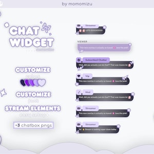 May include: A digital art graphic for stream elements, featuring a chat widget design. The design includes customizable colors and fonts, with example chat boxes. The color scheme is primarily purple and white, with text that reads "CHAT WIDGET" and "CUSTOMIZE".