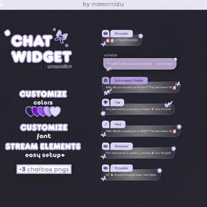 May include: A digital graphic with a dark background, showcasing a chat widget design. Text elements include "CHAT WIDGET", "CUSTOMIZE colours", "CUSTOMIZE font", and "STREAM ELEMENTS". The design incorporates purple hearts and butterfly graphics.