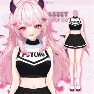 May include: A digital illustration of a character with pink hair, horns, and eyes, wearing a black and white crop top and pleated skirt with the word "PSYCHO" on the top. A second, headless figure wears the same outfit. The background is light pink.
