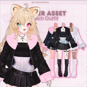 Peut inclure: Un actif de personnage numérique représentant une figure aux oreilles de chat blonde portant une veste noire à col en fourrure rose, un haut tube noir, une jupe plissée noire et un collier croix. Trois variantes de tenues sont présentées.