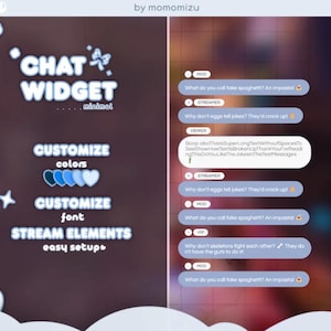 Puede incluir: Gráfico digital para un widget de chat con el texto "CHAT WIDGET minimal". Cuenta con opciones de personalización para colores y fuentes, y elementos de transmisión con una configuración sencilla. Se muestran burbujas de chat de muestra a la derecha.