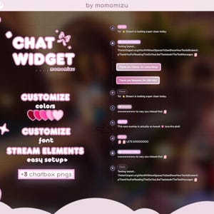 May include: A pink and white chat widget design for streaming, with customisable colours and fonts. The design includes stream elements and easy setup, with +3 chatbox PNGs. Example chat messages are also shown.