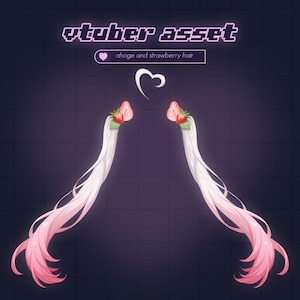 May include: Two long, white and pink hair extensions with a strawberry on top of each. The text "vtuber asset" and "ahoge and strawberry hair" are at the top of the image.