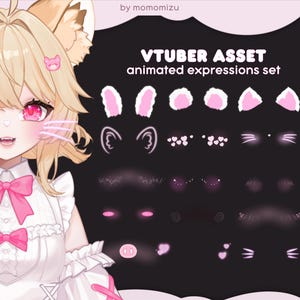 Puede incluir: Un conjunto de activos de arte digital para VTubers, con expresiones animadas. El conjunto incluye varios estilos de orejas, rubor, bigotes y otros detalles faciales en tonos de rosa y blanco, todo sobre un fondo oscuro.