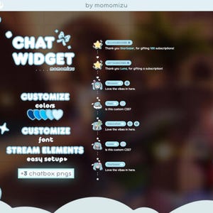 Może przedstawiać: Grafika cyfrowa dla widżetu czatu, z tekstem "CHAT WIDGET" i opcjami dostosowywania kolorów i czcionek. Zawiera elementy strumienia i proste instrukcje konfiguracji, z +3 PNG chatbox. Projekt jest w odcieniach niebieskiego i białego.