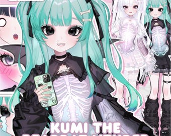 Puede incluir: Ilustración de un personaje de estilo anime con cabello turquesa y accesorios negros, sosteniendo un teléfono con una funda con temática de huesos. El personaje viste un atuendo negro con un diseño de esqueleto. Se muestra el texto "KUMI THE BEARBAT VTUBER".