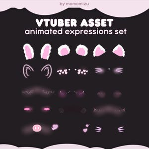 May include: A collection of animated expressions for a VTuber asset set. The set includes pink bunny ears, cat ears, hearts, and other facial features. The text "VTUBER ASSET animated expressions set" is displayed in white.