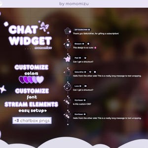 Könnte beinhalten: Eine digitale Grafik, die ein Chat-Widget mit anpassbaren Farben und Schriftarten bewirbt. Das Design zeigt den Text "CHAT WIDGET" in einer lila, leuchtenden Schriftart, zusammen mit Beispiel-Chat-Nachrichten und Stream-Elementen. Der Text "+3 Chatbox pngs" ist enthalten.