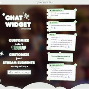 Może przedstawiać: Grafika cyfrowa dla elementów strumienia, z projektem "CHAT WIDGET" z konfigurowalnymi opcjami kolorów i czcionek. Zawiera +3 pliki PNG chatbox. Projekt prezentuje przykładowe wiadomości na czacie.