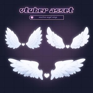 Könnte beinhalten: Drei Sätze weißer Engelsflügel mit einem leuchtenden Effekt. Die Flügel sind in einer Reihe angeordnet, wobei der größte Satz unten ist. Der Text "vtuber asset" und "reactive angel wings" wird über den Flügeln angezeigt.