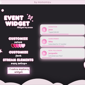 Könnte beinhalten: Eine digitale Grafik mit schwarzem Hintergrund und rosa Akzenten. Der Text lautet „EVENT WIDGET“ und „STREAM ELEMENTS“. Es enthält anpassbare Optionen für Farben und Schriftarten und zeigt Spenden-, Abonnenten- und neue Follower-Benachrichtigungen an.