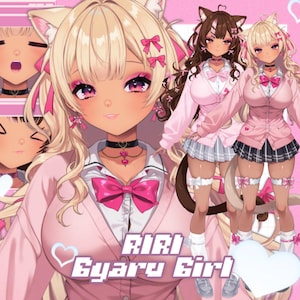 Puede incluir: Ilustración digital de un personaje de estilo anime de piel clara, con cabello rubio, orejas de gato y lazos rosas. El personaje lleva una rebeca rosa, una camisa blanca y un collar negro. El texto "RIRI Gyaru Girl" se muestra en blanco y azul.