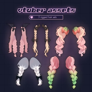 Könnte beinhalten: Fünf Sätze digitaler Haar-Assets für virtuelle YouTuber. Die Frisuren umfassen rosa Zöpfe mit Fledermausohren, blonde Zöpfe mit schwarzen Schleifen, rosa lockiges Haar mit Erdbeeren, weiße Zöpfe mit schwarzen Schleifen und rosa und grüne Zöpfe.