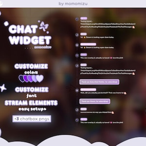 Könnte beinhalten: Digitales Grafikdesign für ein Chat-Widget mit dem Text "CHAT WIDGET" in einer lila, leuchtenden Schriftart. Das Design umfasst Optionen zur Anpassung von Farben und Schriftarten, mit Streamelementen und einfacher Einrichtung. Das Bild zeigt auch Beispiel-Chat-Nachrichten.