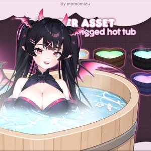 May include: Illustration of a character in a wooden hot tub with a heart-shaped design. The character has black hair, pink horns, and bat wings. The text "ER ASSET rugged hot tub" is visible.