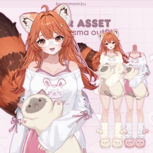 Puede incluir: Ilustración digital de un personaje con cabello rojo, gafas y orejas de zorro, vistiendo una camiseta blanca con un gráfico de conejito y una falda rosa. El personaje sostiene un peluche de gato. La imagen incluye el texto "ASSET" y "ma outfit".
