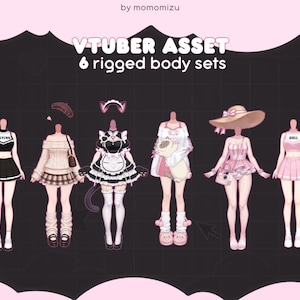 Op de afbeelding: Een digitale illustratie van zes geriggede lichaamssets voor een VTuber-asset door momomizu. De outfits bevatten een zwart cheerleader-uniform met de tekst PSYCHO, een beige trui-set, een zwart-wit dienstmeisjeskostuum, een wit topje met een knuffeldier, een roze zomerjurk met een hoed met brede rand en een roze cheerleader-outfit met de tekst DOLL.