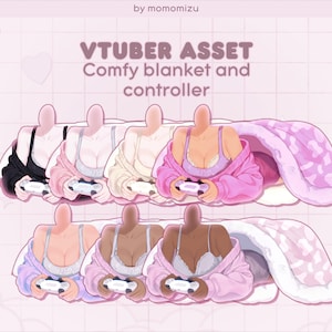 Pu&ograve; includere: Illustrazione di un asset VTuber con una coperta comoda e un controller. L'immagine mostra diverse figure, ognuna con una diversa tonalit&agrave; della pelle, che indossano lingerie e un accappatoio, tenendo in mano un controller di gioco e coperte da una coperta rosa.