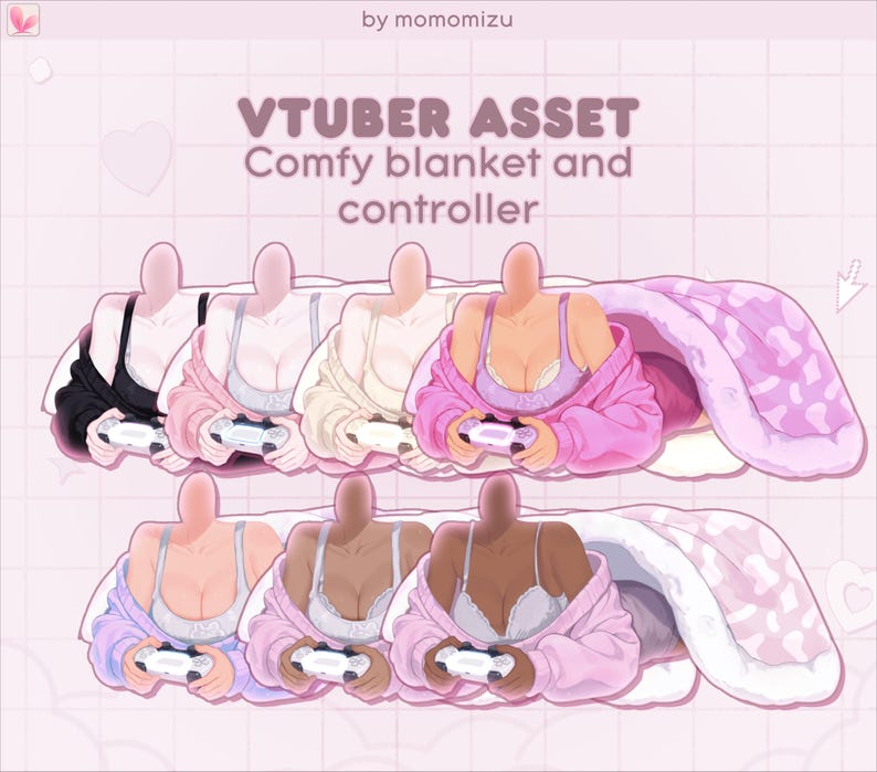 Pu&ograve; includere: Illustrazione di un asset VTuber con una coperta comoda e un controller. L'immagine mostra diverse figure, ognuna con una diversa tonalit&agrave; della pelle, che indossano lingerie e un accappatoio, tenendo in mano un controller di gioco e coperte da una coperta rosa.
