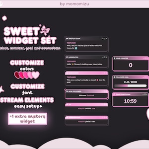 Op de afbeelding: Een digitale grafische set voor streaming, met een roze en zwart kleurenschema. De set bevat aanpasbare widgets voor chat, tellers en doelen. De tekst bevat "Sweet Widget Set" en "Customize Colors".