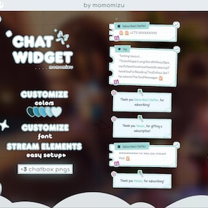 May include: Digital graphic for a "CHAT WIDGET" design, offering customisable colours and fonts for stream elements. Features chatbox PNGs and example chat messages. Text includes "Customise colours", "Customise font", and "Stream elements easy setup".