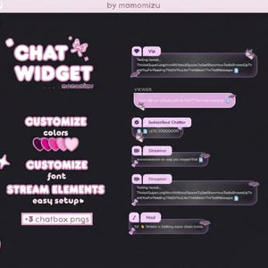 Könnte beinhalten: Ein digitales Grafikdesign für ein Chat-Widget mit rosa und weißem Text auf dunklem Hintergrund. Das Design enthält die Wörter "CHAT WIDGET" und Optionen zur Anpassung von Farben und Schriftarten. Beispiel-Chat-Blasen werden angezeigt.