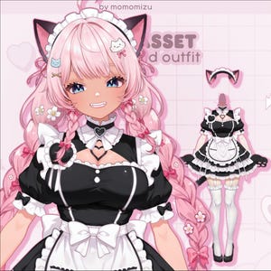 May include: An illustration of a pink-haired anime character in a black and white maid outfit with cat ears. The outfit includes a dress, apron, and headband. The text "ASSET d outfit" is visible.