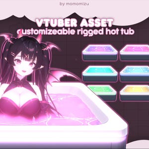 Könnte beinhalten: Digitale Illustration eines Anime-Charakters in einem rosa Whirlpool. Der Text lautet "VTUBER ASSET customizable rigged hot tub". Sechs weitere Whirlpool-Designs mit unterschiedlich farbigem Wasser sind ebenfalls abgebildet.