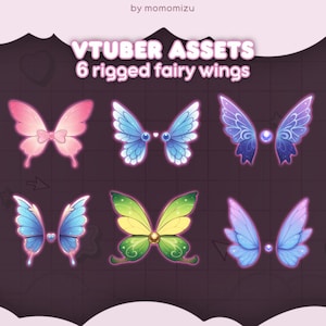 Puede incluir: Imagen que muestra seis conjuntos de alas de hadas digitales en varios colores. Las alas están diseñadas con una estética de dibujos animados, con tonos de rosa, azul, verde y morado. El texto en la parte superior dice "VTUBER ASSETS" y "6 rigged fairy wings".