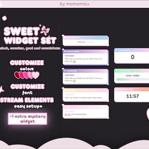 Peut inclure: Graphique numérique sur fond noir avec texte et graphiques roses et blancs. Le texte indique "SWEET WIDGET SET" et comprend des options pour personnaliser les couleurs et les polices. Les éléments de flux incluent un chat, un compteur, un objectif et un compte à rebours.