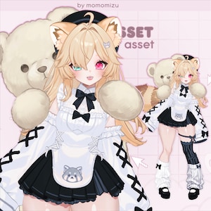 May include: An anime-style character with blonde hair, cat ears, and heterochromia eyes, wearing a white and black maid outfit with a red panda emblem. The image includes a large teddy bear and the text "ASSET asset".
