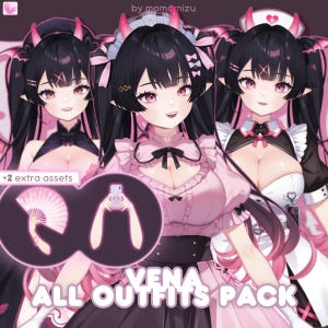Puede incluir: Ilustración digital de tres personajes de estilo anime, con cabello negro y detalles en rosa. Los personajes visten diferentes atuendos, incluyendo un vestido rosa y un uniforme de enfermera. La imagen incluye el texto "VENA ALL OUTFITS PACK" y activos adicionales.